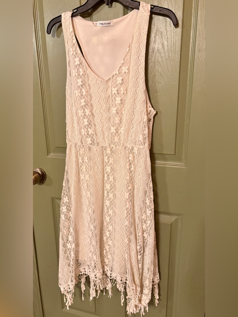 Maurices Ivory Lace Midi Dress with Fringe Hem